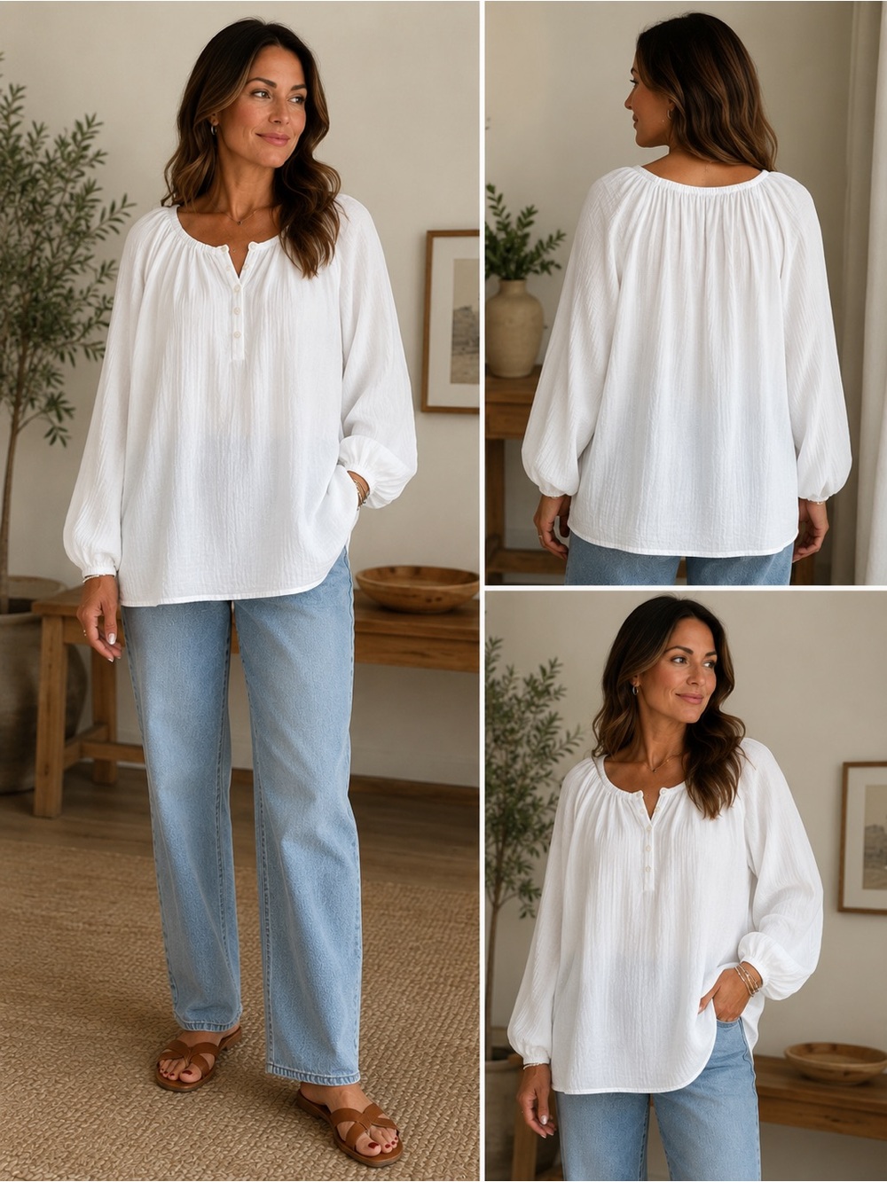 Old Navy White Double Gauze Cotton Henley Blouse XXL Relaxed Boho Top